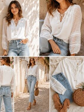 White House Black Market Embroidered Swiss Dot Boho Blouse Sheer Sleeve Top